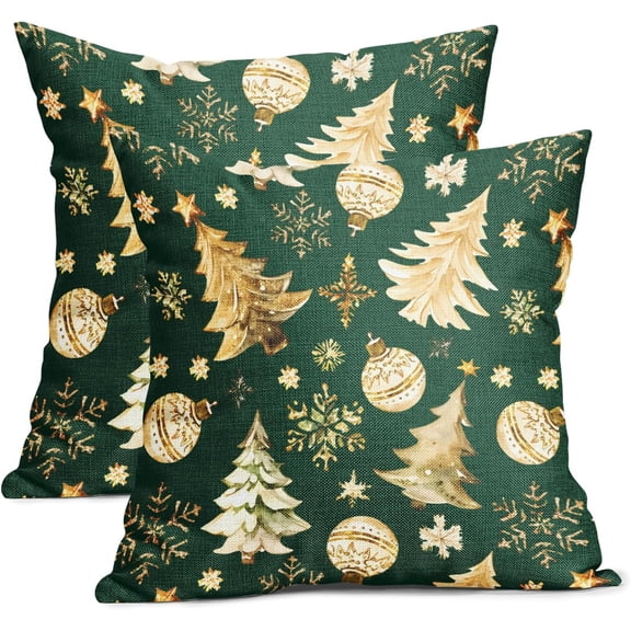 Christmas Green Pillow Covers 18X18 Inch Gold Xmas Tree Snowflakes Decorative Pillow Cases Set of 2 Winter Holiday Throw Pillows Farmhouse Home Decor for Sofa Couch Cushion Outdoor