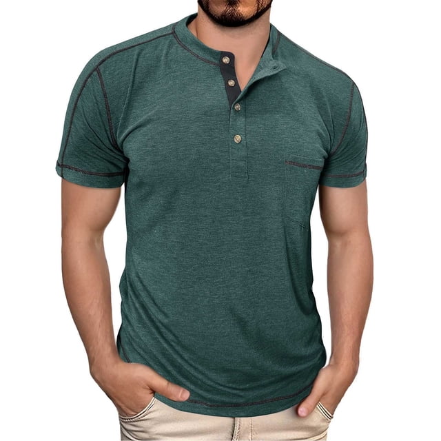 Hiiyo Men's Henley T-Shirt Solid Color Short Sleeve T Shirt Versatile Classic T-Shirt