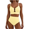 thumbnail image 2 of Minjewel Women's V-Neck Cutout High Waisted Bikini Two Piece Swimsuit,Textured Pleated Fabric with High Waist Bottoms,Sexy Beach Swimwear,Yellow,2XL, 2 of 6