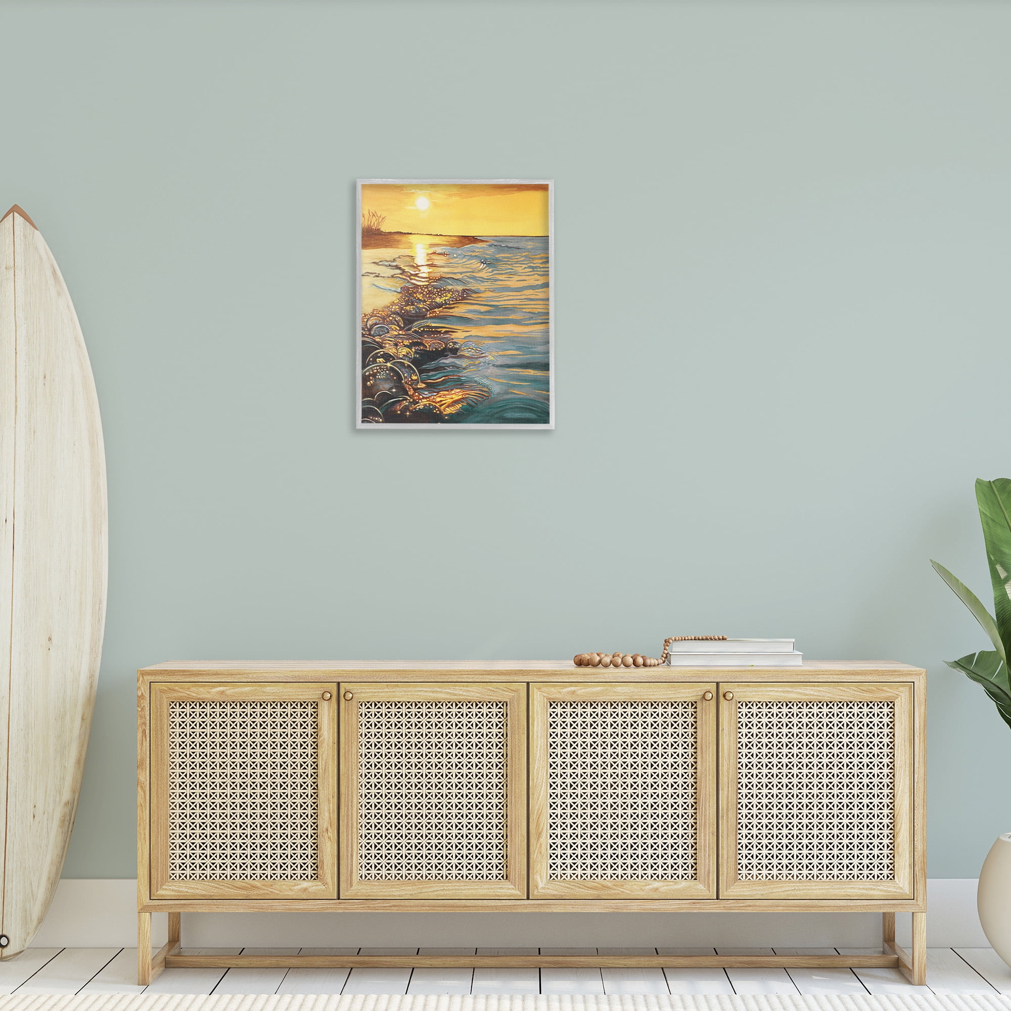 Stupell Industries Sunset over Beach Ripples Landscape Painting Gray Framed Art Print Wall Art, 24 x 30