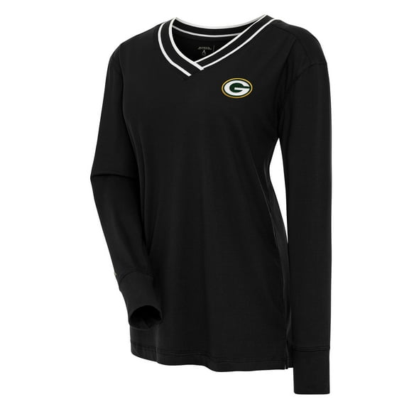 Women's Antigua Black Green Bay Packers Symbolic Long Sleeve V-Neck Top