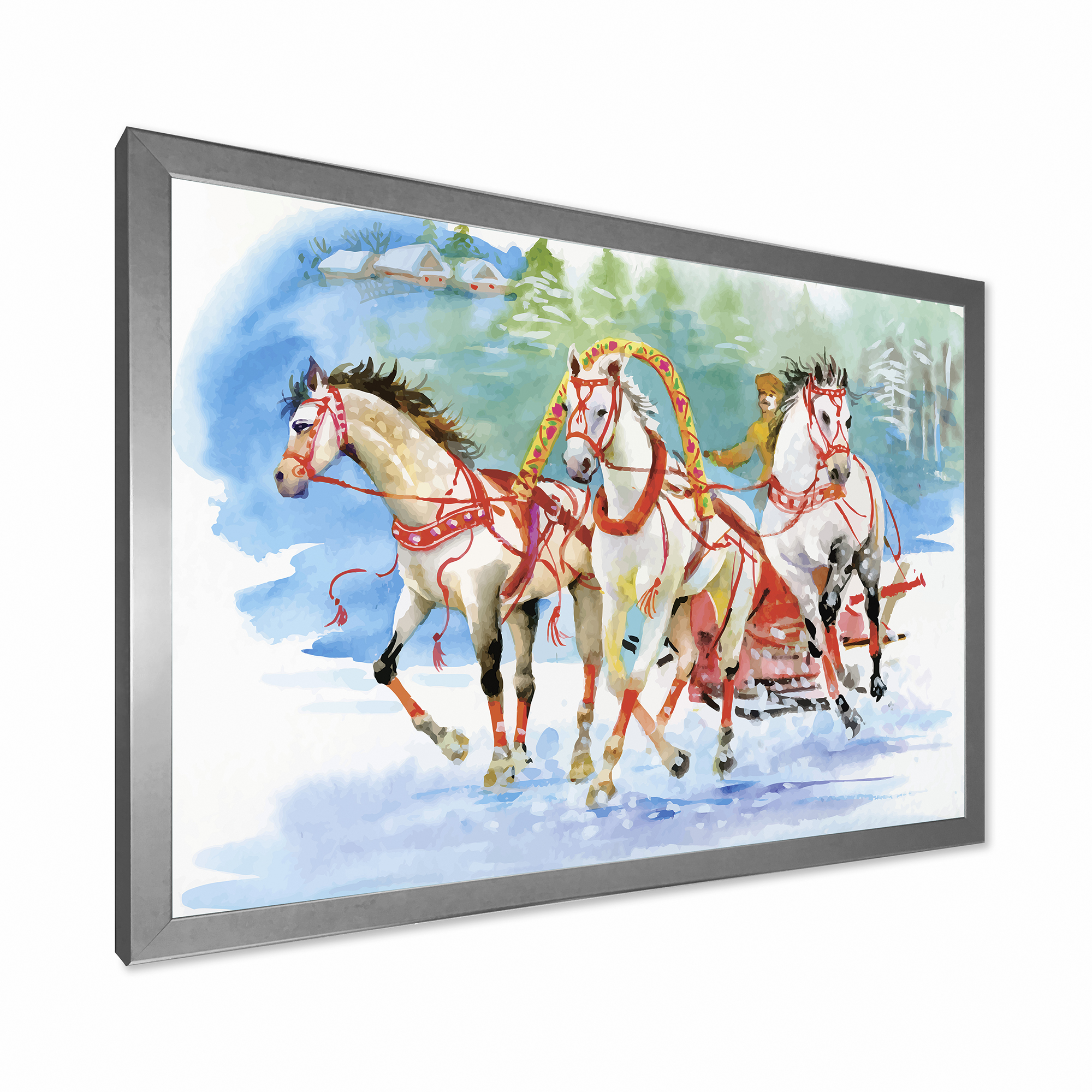 Designart 'Carriage In The Snow With Galoping Horses' Farmhouse Framed Art Print