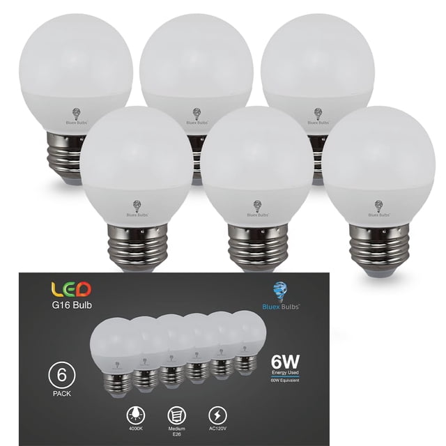 Bombillas Bluex LED G16, 6 W, 550 lúmenes, blancas, E26, 120 V, paquete de 6