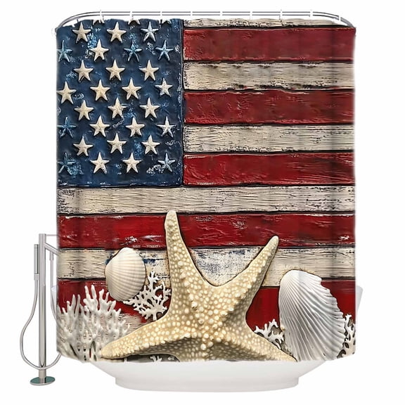 Retro American Shower Curtain, 36" x 72", Flag Stripe Star Starfish Shell Wood Grain Waterproof Bathroom Curtain Washable Shower Curtain Set with 12 Hooks
