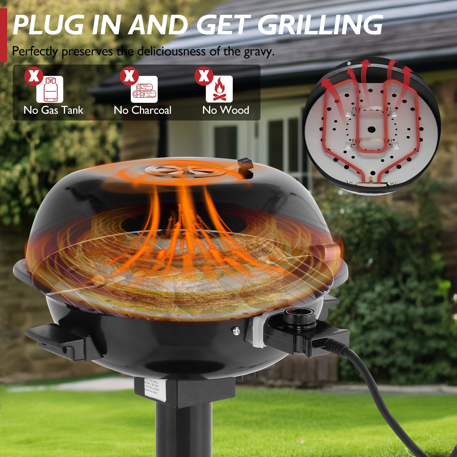 Zintown Grill Electric Grill Outdoor Standing Barbeque Grill Adjustable Temperature Control for Patio Backyard Black
