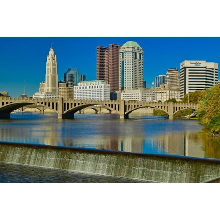 Scioto River with waterfall and Columbus Ohio skyline Print Wall