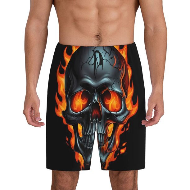 Balery Flame Metal Skull Pantalones cortos de pijama de punto de algodón para hombre con cinturilla y bolsillos-XX-Large