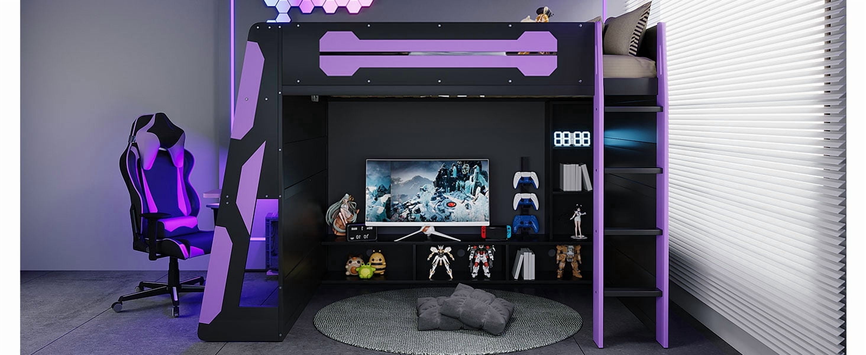 Mintazer Full Gaming Loft Bed with Desk & GB LED Light, Multifunctional Loft Bed with Multi-Tier Storage Shelves, Black & Purple