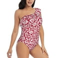thumbnail image 3 of Gaeub Red Flowers Women's One Shoulder Ruffle Tummy Control Swimwear for Swimming Surfing Beach Party - Small, 3 of 8