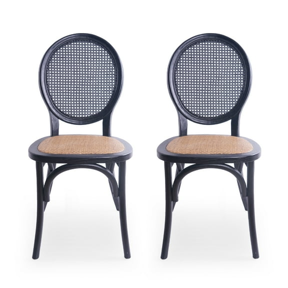 Dining Chair Set of 2, Matte Black Rattan Woven Back and Brown Seat