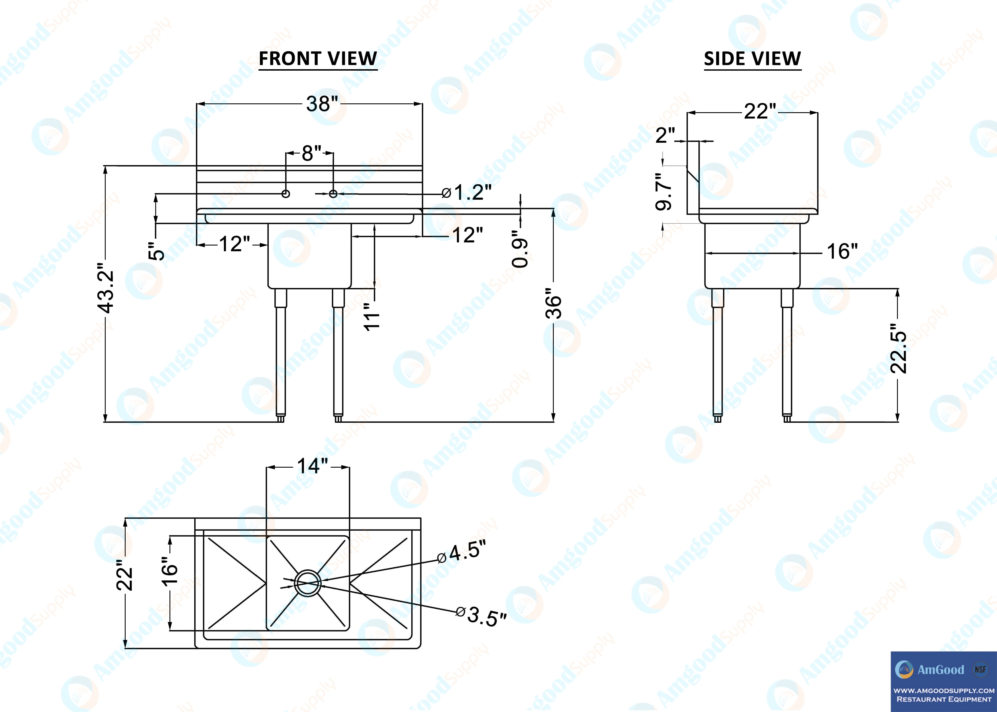 14″ x 16″ x 11″ with 12″ Left and Right Drainboards with Faucet One Compartment Stainless Steel Commercial Kitchen Prep & Utility Sink | NSF