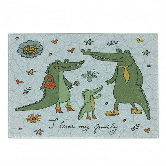 Family Cutting Board, I Love My Family Theme Hand Drawn Alligators Natural Background Fun Graphic, Decorative Tempered Glass Cutting and Serving Board, Small Size, Multicolor, by Ambesonne