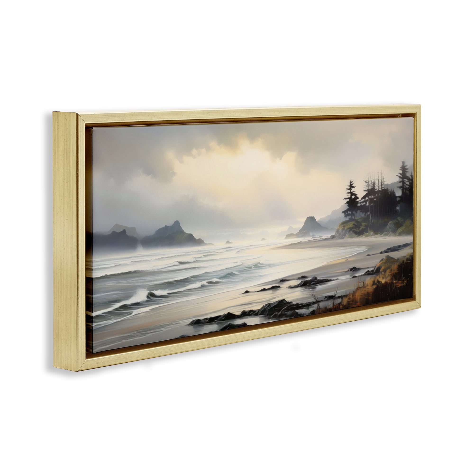 Stupell Industries Coastal Shore Inlet Coastal Painting Gold Floater Framed Art Print Wall Art, 31 x 14