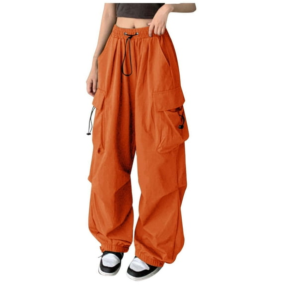 Womens Baggy Cargo Solid Color Pants Streetwear Hop Joggers Sweatpants Drawstring Casual Loose Wide Leg Trousers Loose Pants for Women Elastic Waist Casual Casual Linen Pants for Women Pants