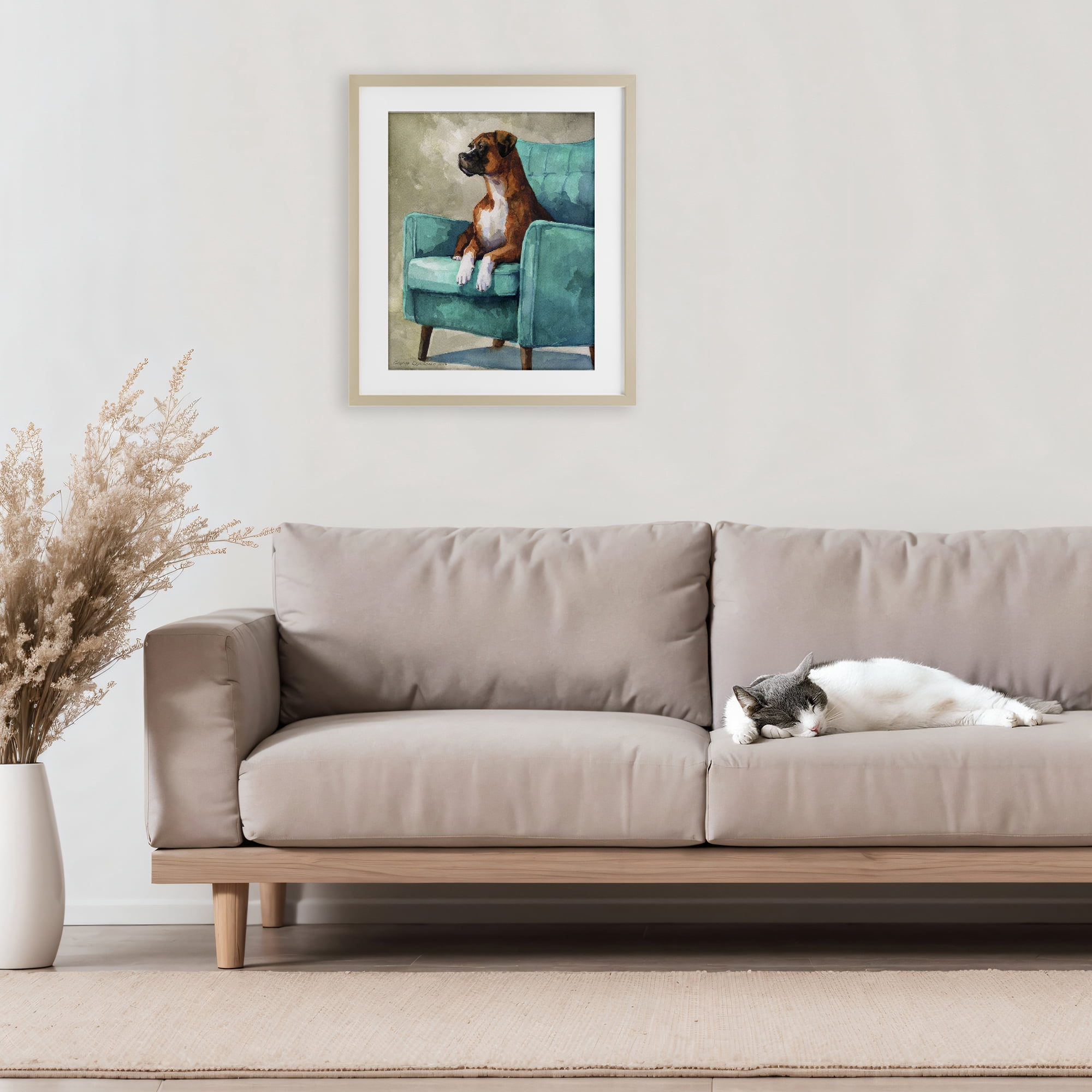 Stupell Industries Majesty Boxer on Armchair Birch Framed Print Under Glass, design by George Dyachenko