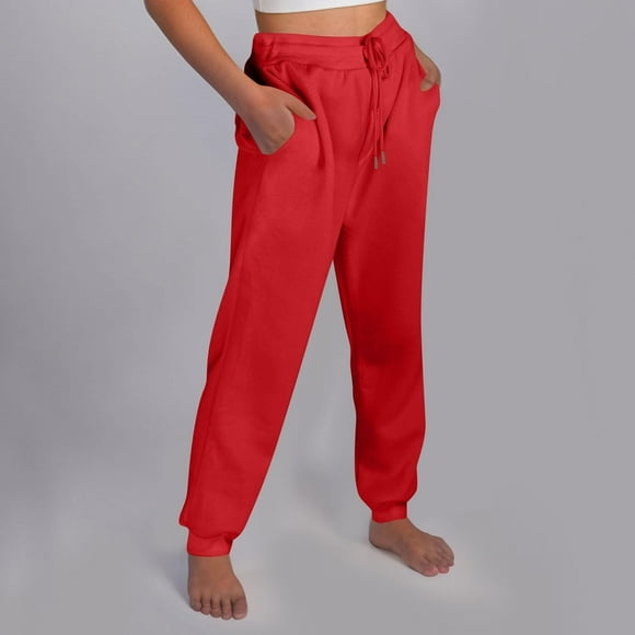 Pantalons de Survêtement Rouges pour Femmes, Jambe Droite, Joggeurs en Molleton avec Cordon de Serrage, Pantalons de Yoga Fuselés avec Poches