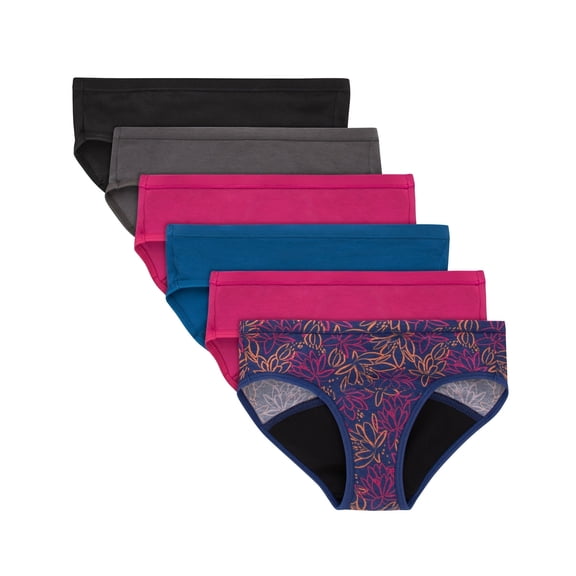 Hanes Girls' Period Underwear Hipsters, 6-Pack, Comfort, ., Moderate Protection Assorted 18