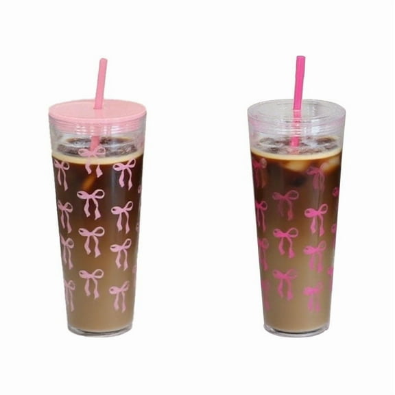 24 oz Transparent PS Plastic Cup with Bow Print, Clear Reusable Iced Coffee Cups with Lids and Straws – Perfect for Daily Use and festival gifts for Cold Drinks cup
