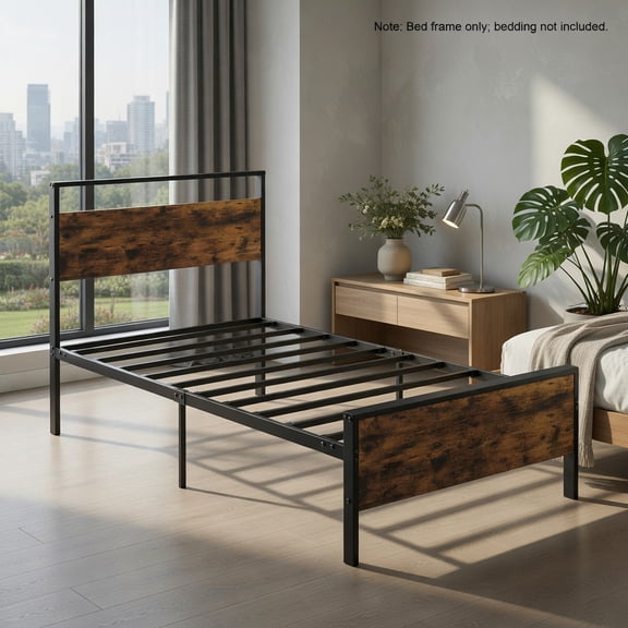 Topcobe Twin Metal Bed Frame Industrial Platform Bed with Wooden Headboard, Indoor Furniture, Modern Furniture for Bedroom-Twin Size