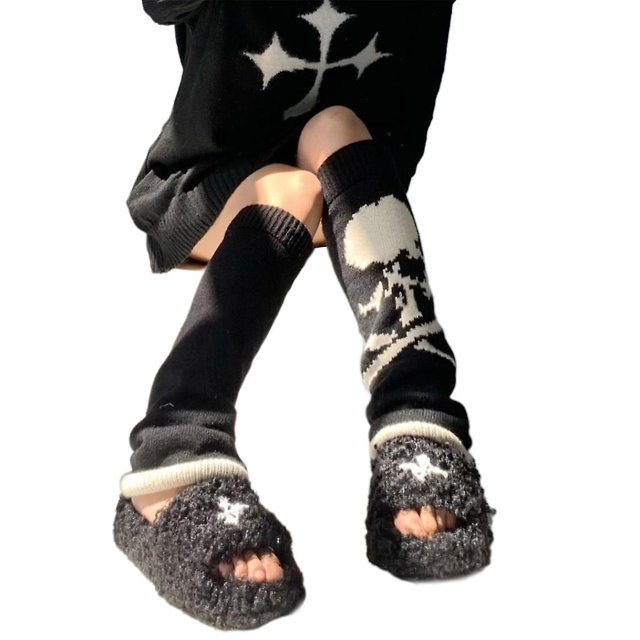 Calcetines góticos Punk hasta la rodilla para mujer, calentadores de piernas tejidos con esqueleto de calavera
