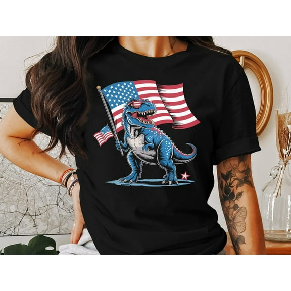 Patriotic Dinosaur T-Shirt, USA Flag T-Rex Graphic Tee, Funny 4th of July Shirt for Kids and Adults, Independence Day Gift Shirt