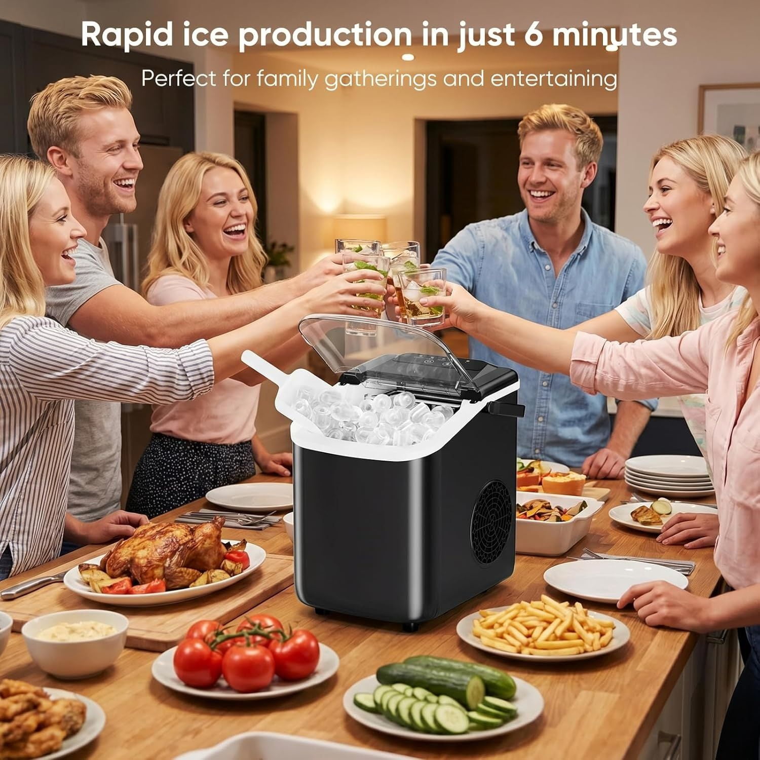 Ice Maker Countertop, Ice Machine with Portable Handle, Basket and Scoop, 26lbs Daily, 9 Bullet Cubes in 6~8 Mins, Auto-Cleaning for Home, Kitchen, Office, Outdoors, RV Camping