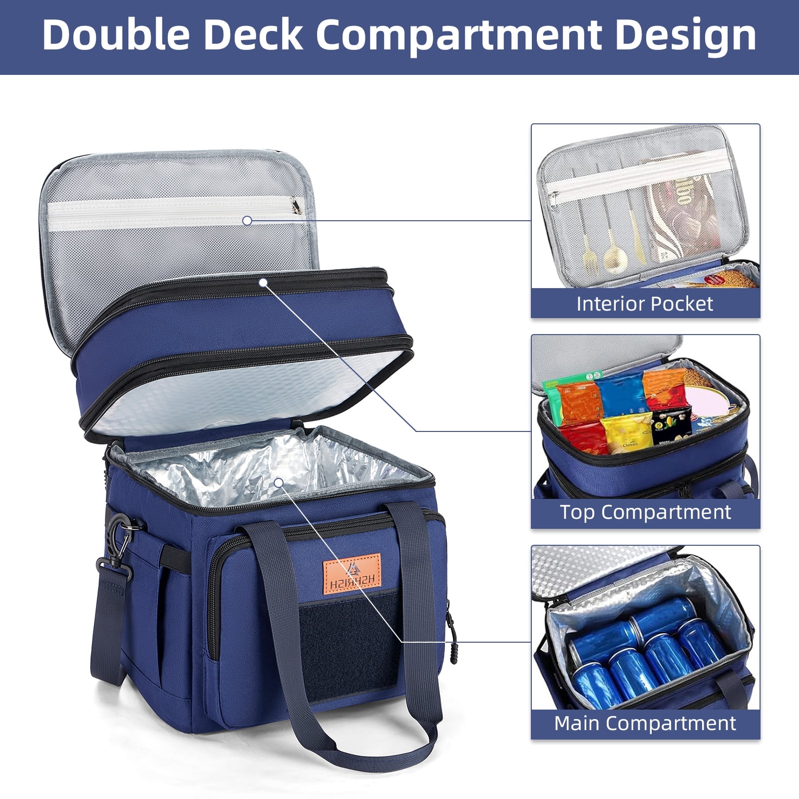 Holuxer Double Deck Tactical Lunch Bags, Large Expandable Insulated Lunch Box, Durable Waterproof Leakproof Cooler Bag for Adults/Men/Women/Work Outdoor Beach Trips, 20 Cans/16 L, Blue