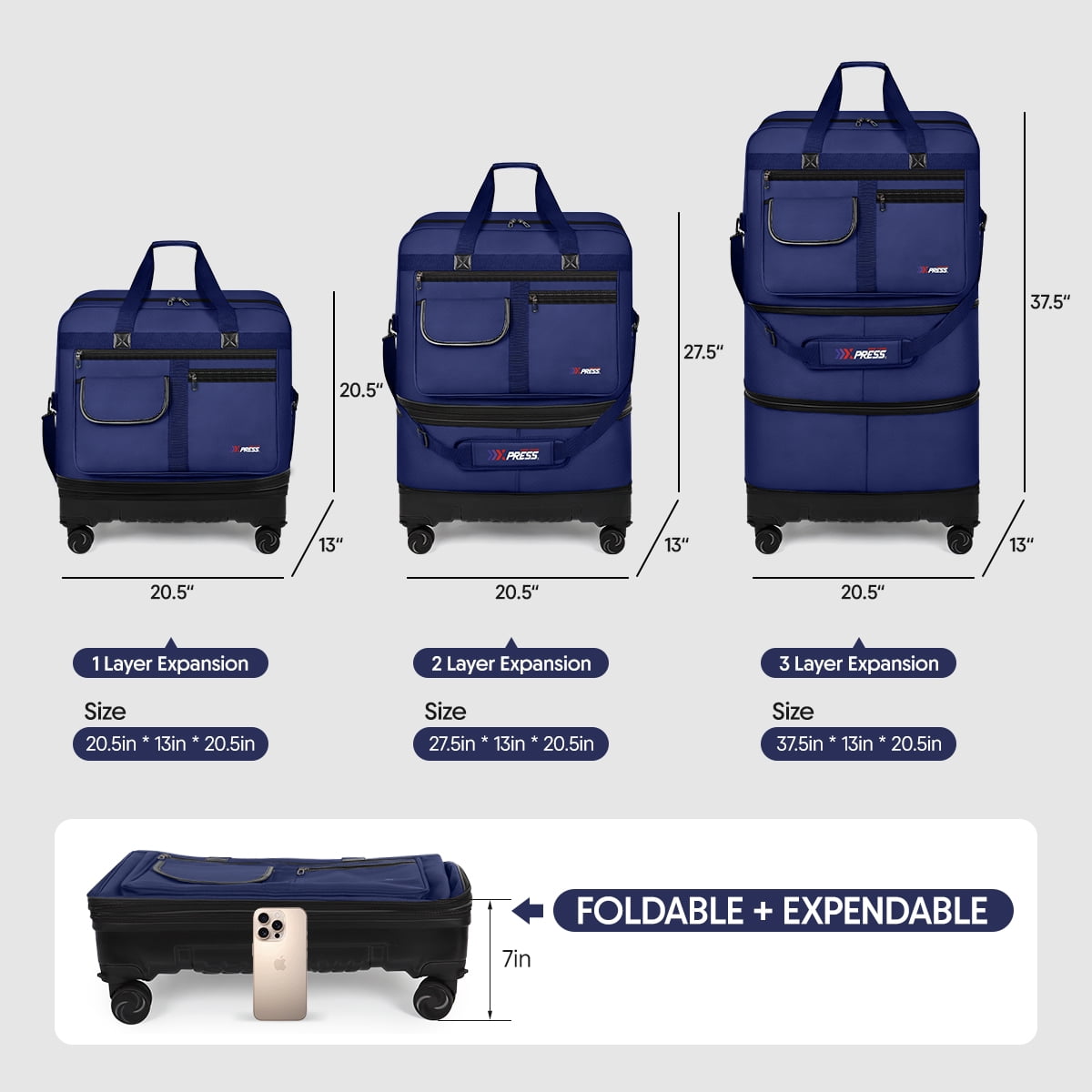 36" Expandable Foldable Suitcase Bag Large Collapsible Rolling Luggage Bag for Storage, Moving & Abroad Travel, Navy, JM
