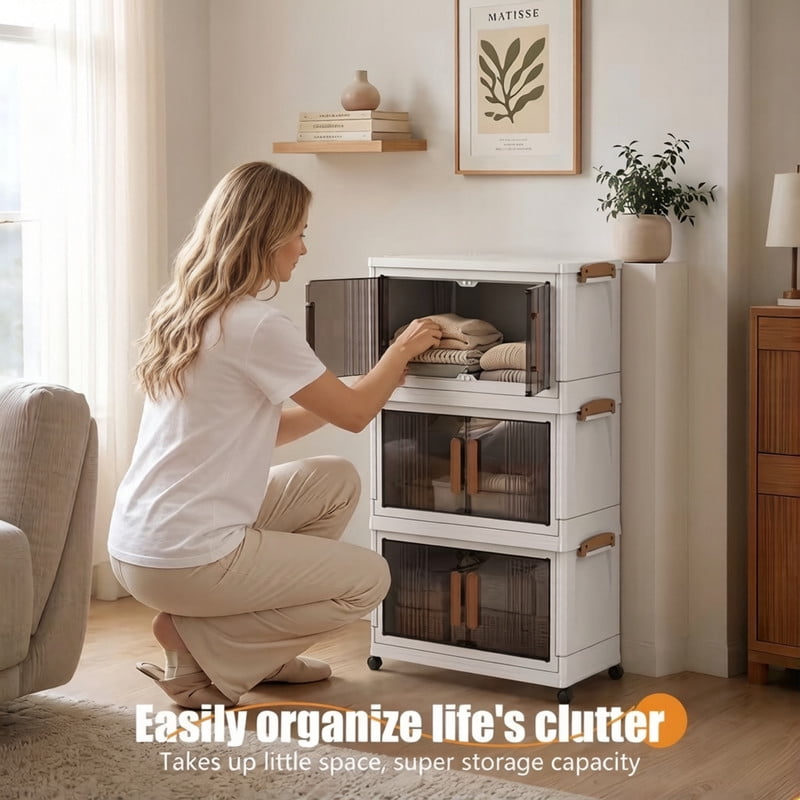 Howcool 3/4/5-Tier Stackable Storage Bins with Lid, Foldable Storage Box Cabinet with Wheels & Acrylic Doors