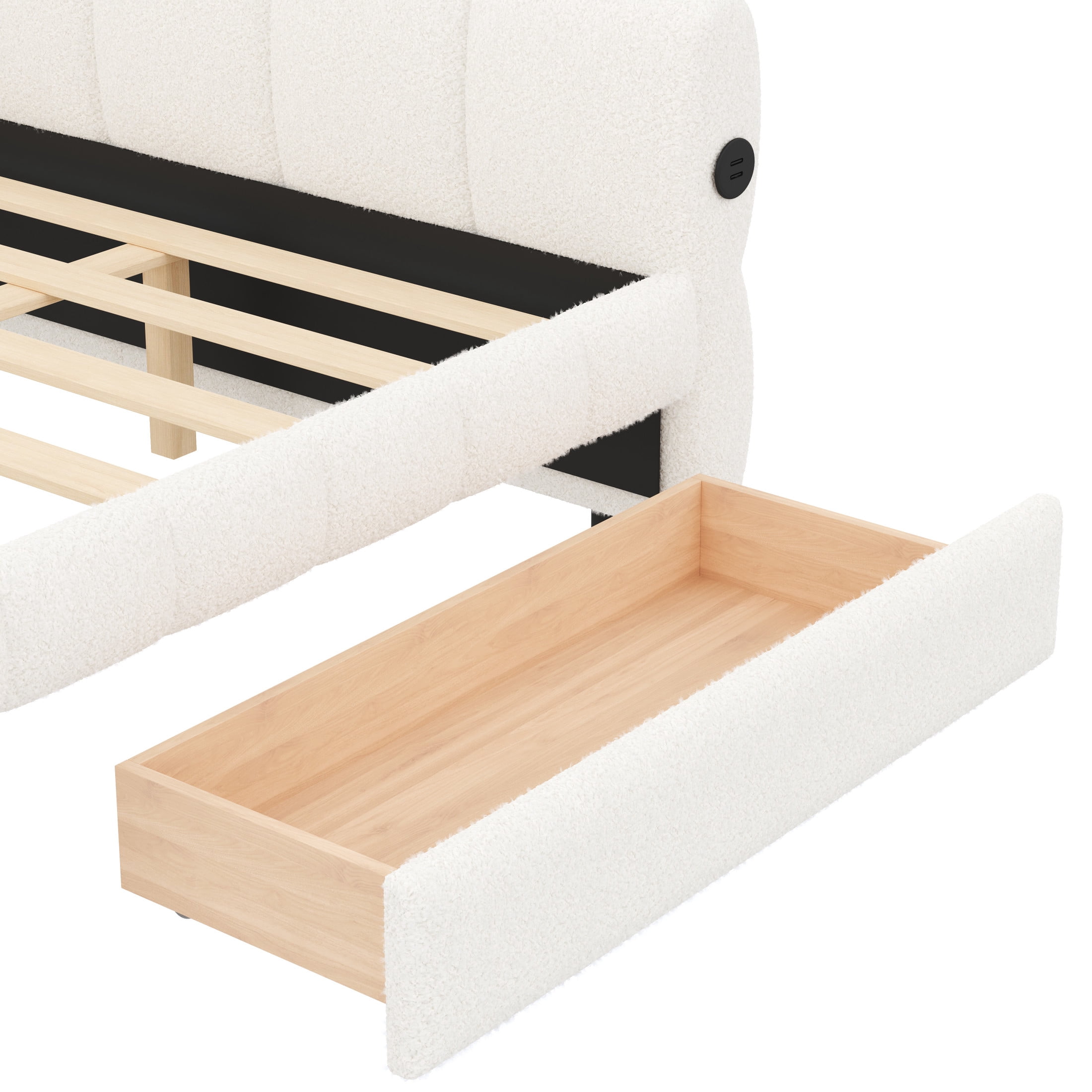 Noble House Cornelius King Size Upholstered Platform Bed, Lambswool Bed Frame with USB Port and Storage Drawers, White