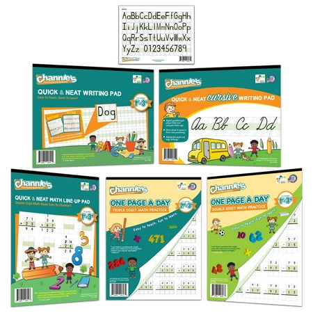 Channie's Visual Math, Handwriting, and Cursive Bonus Pack of 5 Separate Workbooks, Grades 1st - 3rd, Size 8.5" x 11" With FREE Alphabet Card