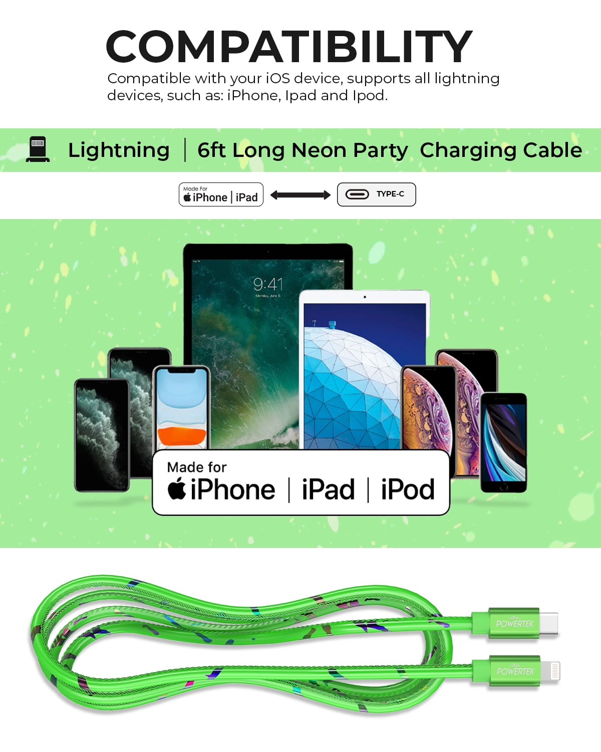Liquipel Powertek USB C Lightning iPhone Charger Cable [MFI Certified], 6ft Fast Charging, Neon Party
