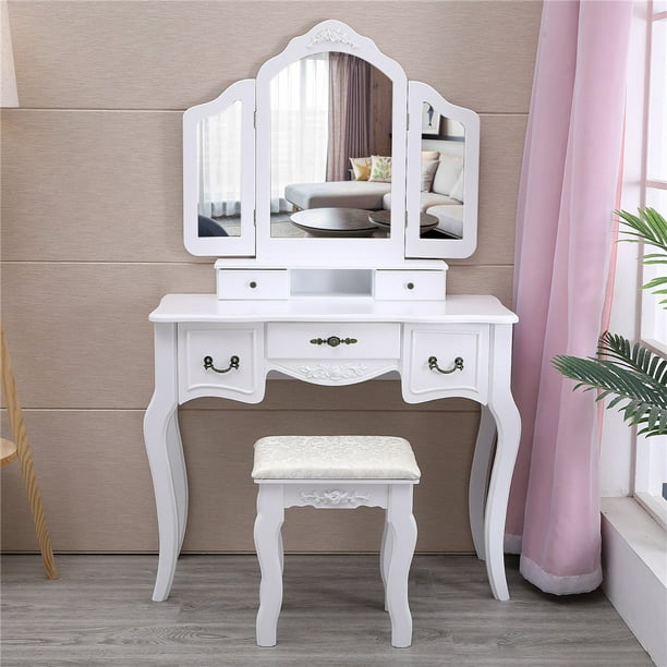 Zimtown Tri Folding Mirror Vanity Table, Wicker Vanity Table Set