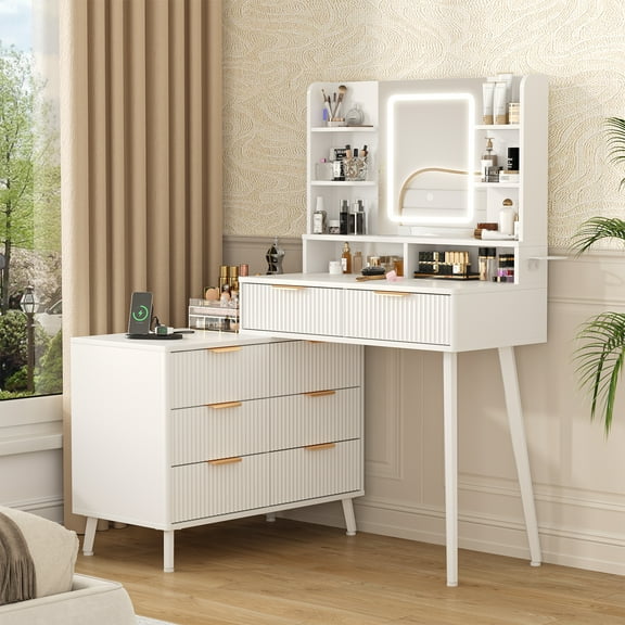 Vabches L-Shaped Corner Vanity Desk with Adjustable Lighted Mirror, Makeup White Vanity Table with Large Storage for Bedroom, White