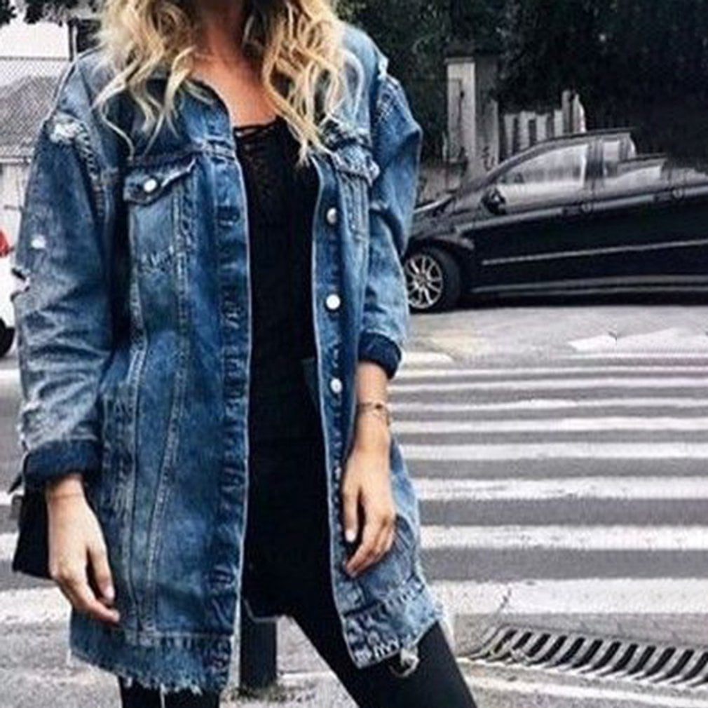Women Denim Jacket Hole Trench Coat 