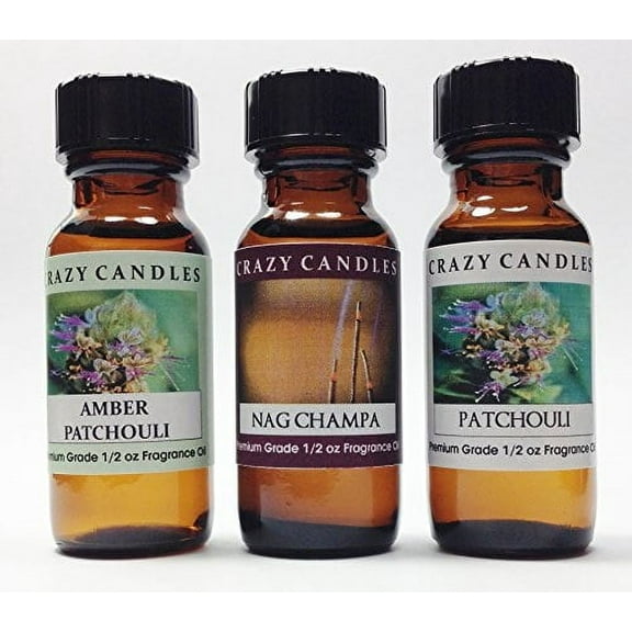 3 Bottles Set, 1 Amber Patchouli, 1 Nag Champa, 1 Patchouli 1/2 Fl Oz Each 15ml Premium Grade Scented Fragrance Oils By Crazy