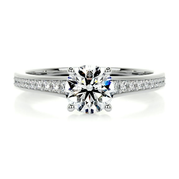 First Jewel 1.6 Ct Round Cut Lab Created Simulated Diamond - Silver 14K White Gold Over Ring for Her - Wedding Ring - Solitaire with Accent Diamond Ring for Women's - Eternity Diamond Ring for Her