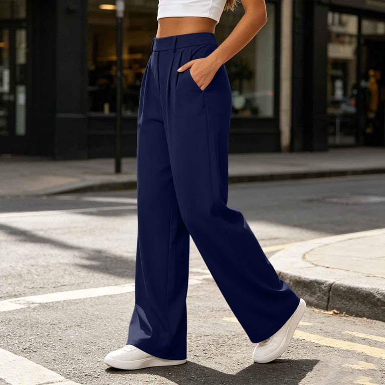 high waisted navy dress pants HUPOM Womens Dress Pants Stretchy Pants For Women Trousers High Waist Rise Long Straight-Leg Navy 3XL