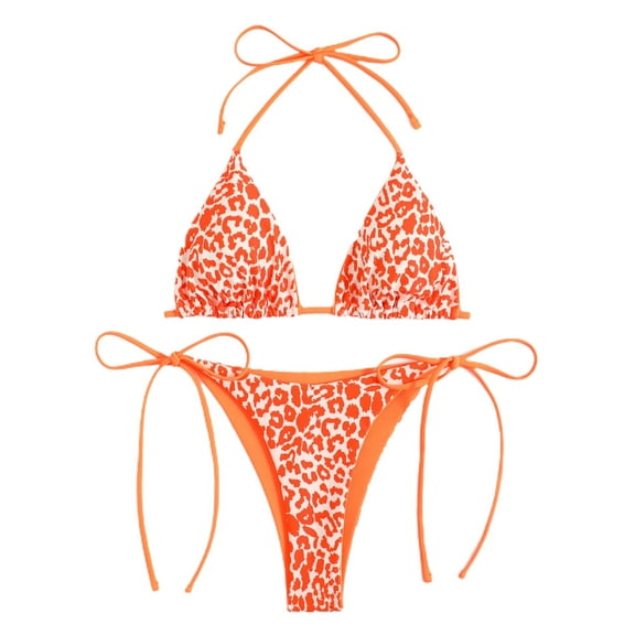 SWSMCLT Women's Sexy Bathing Suit Brazilian Bikini Set Tie Up Low Rise Leopard Print Halter Adjustable Two Piece Cheeky Orange Medium