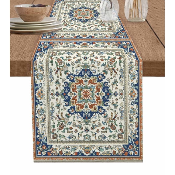 Boho Orange Blue Table Runner 48 Inches, Tribal Antique Country American Southwest Bed Runner Dresser Scarves Tabletop for Indoor Outdoor Parties/Ceremony/Banquet, 13" x 48"