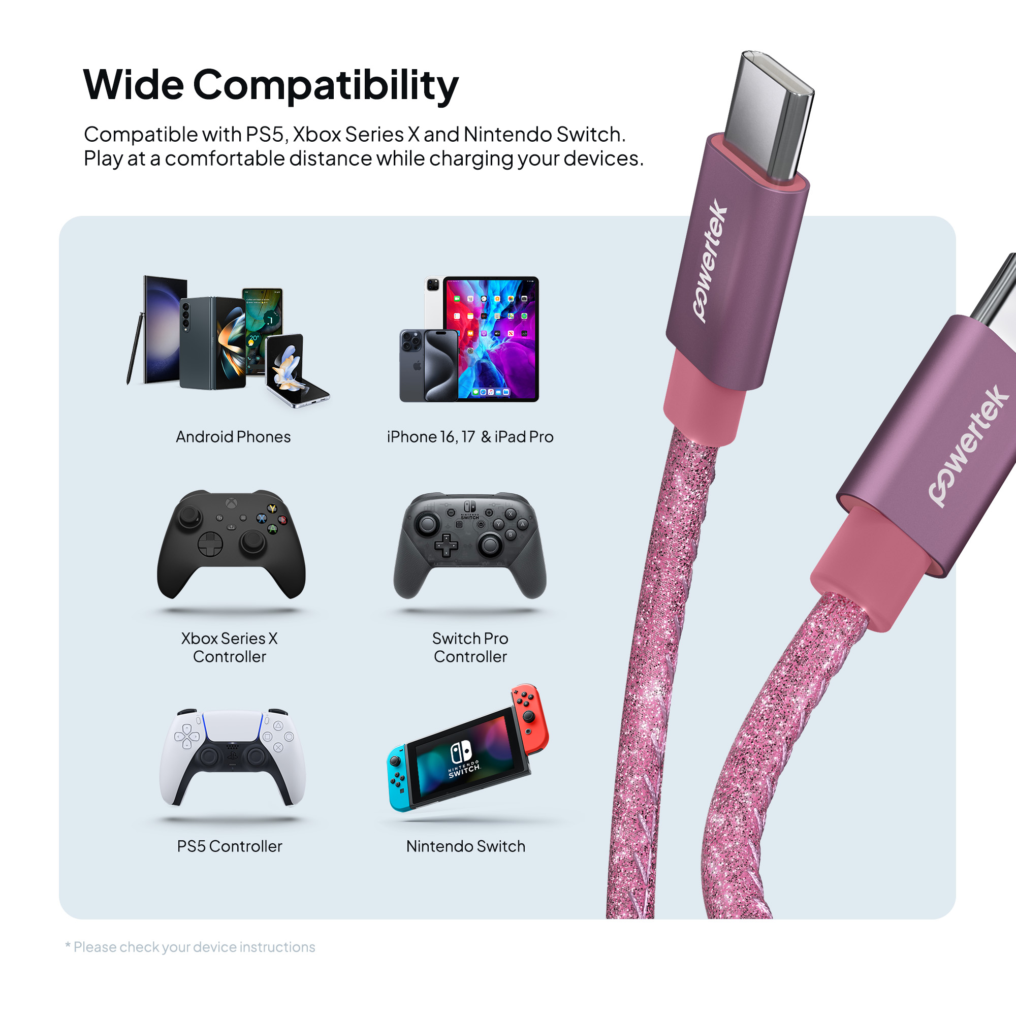 Liquipel USB-C to USB-C Cable, 6Ft, Pink Glitter photo 7