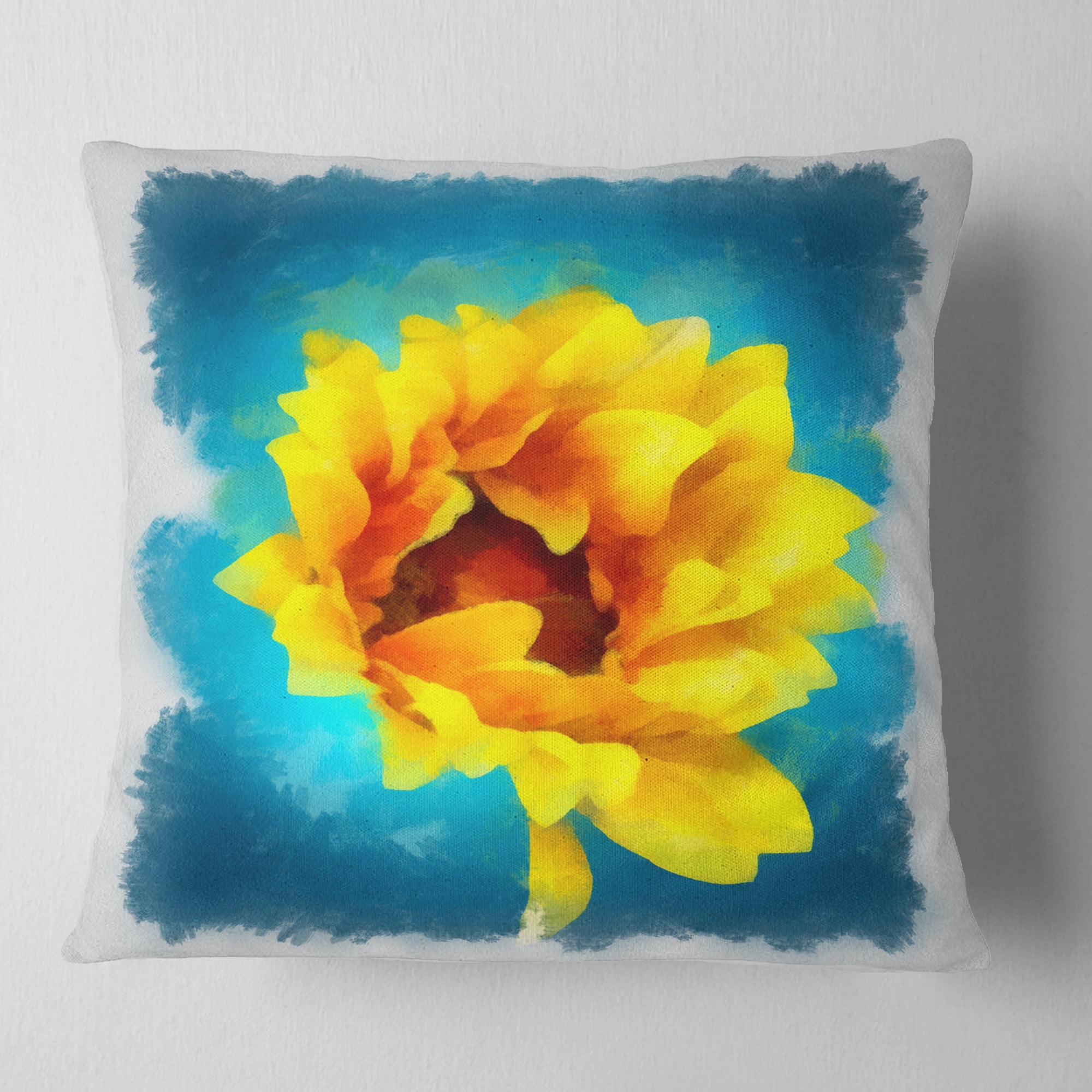 Designart Sunflower on Blue Watercolor - Floral Throw Pillow - 16x16