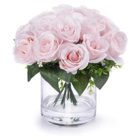 Silk Open Rose Flower Arrangement in Clear Glass Vase with Faux Water (Pink)
