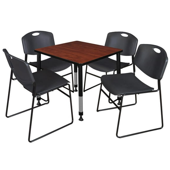 Regency Kee 30" Square Height Adjustable  Classroom Table - Cherry & 4 Zeng Stack Chairs- Black