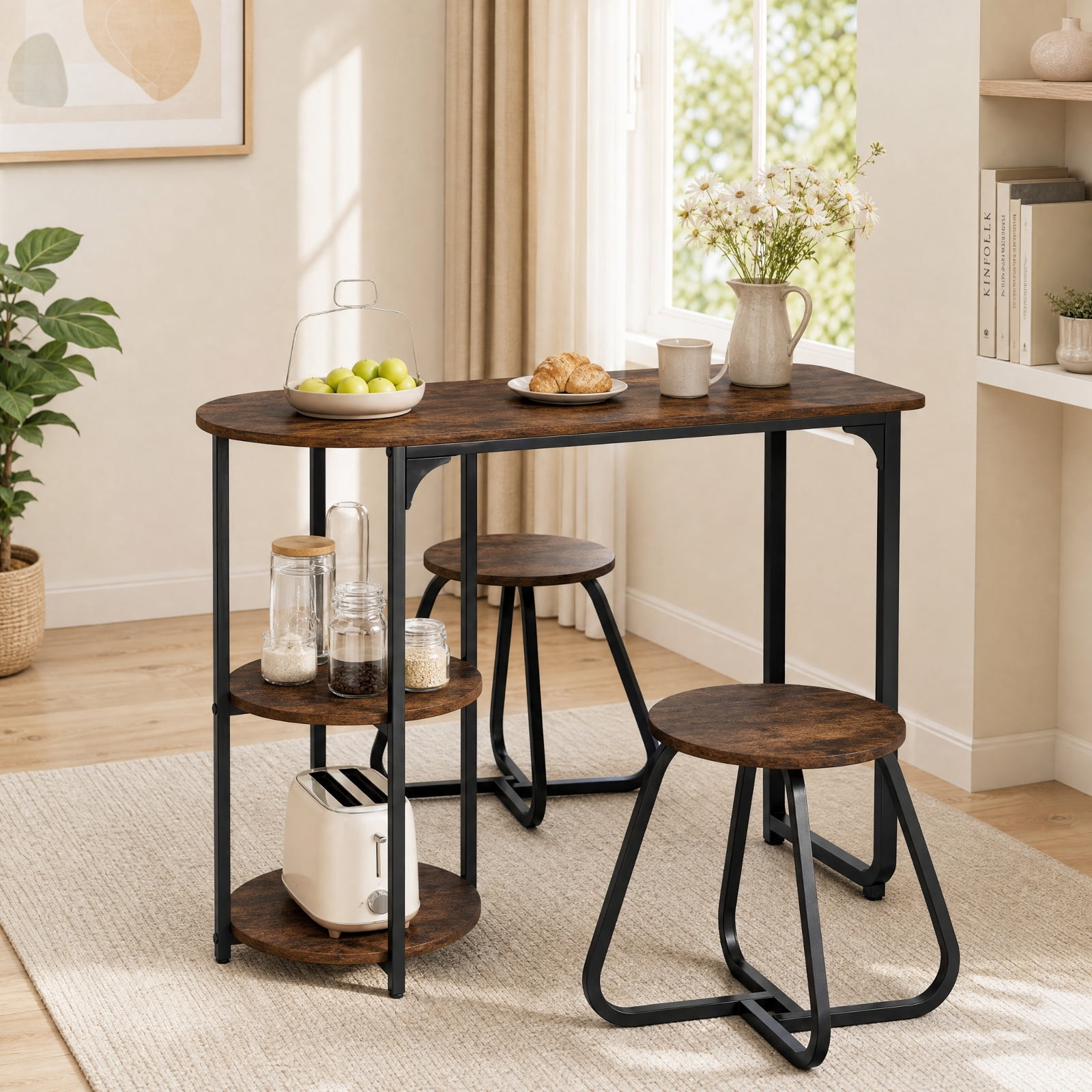 Furnibear 3 Piece Industrial Dining Table Set for Small Space with 2 Stools and Side Shelves for Kitchen and Apartment, Rustic Brown