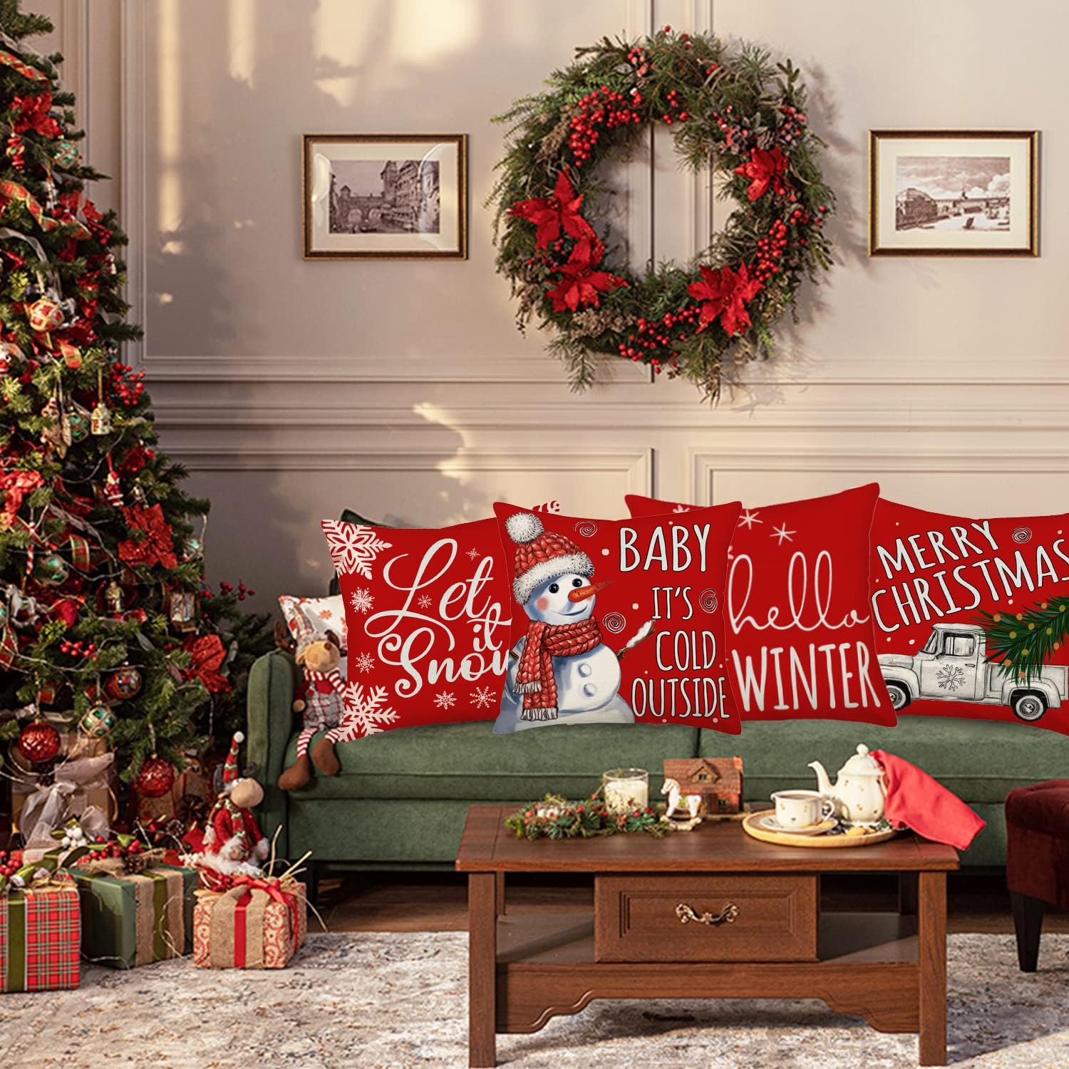 Winter Christmas Pillow Covers 20x20 Inch Silver Truck Snowflake with Red Farm Xmas Tree Snowman Baby It‘s Cold Outside Let it Snow Throw Pillow Cases New Year Decor Set of 4 Cushion Cover