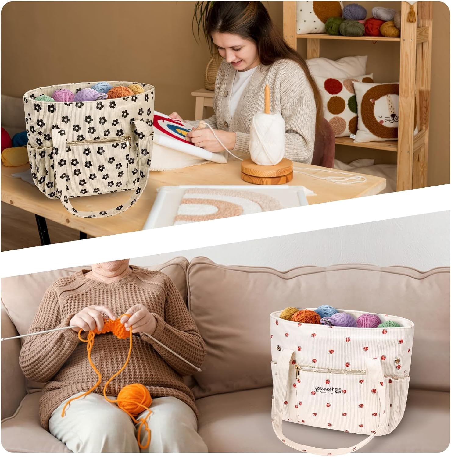 Crochet Bag, Corduroy Tote Bags with  Holders Grommets, Large Capacity Four Compartment Yarn Storage for Women