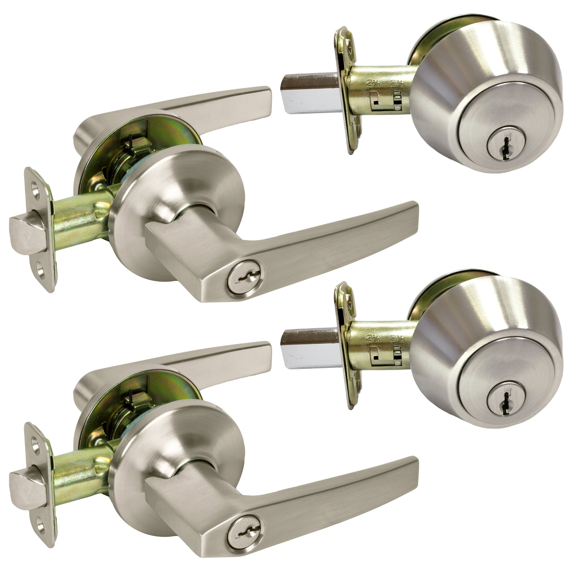 2 Pack of Contemporary Lever Keyed Entry Door Locks with Single Cylinder Deadbolts Combo, Satin