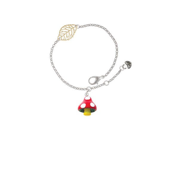 Delight Jewelry Resin Red Spotted Mushroom - Goldtone Leaf Delicate Bracelet, 6.25+1.75"
