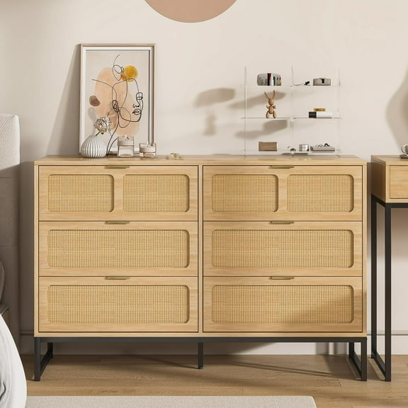 Rattan 6 Drawer Dresser, Chest of Drawers, Modern 6 Drawer Double Dresser with Gold Handles, Natural Wood Storage Dressers & Chests of Drawers for Closet, Living Room